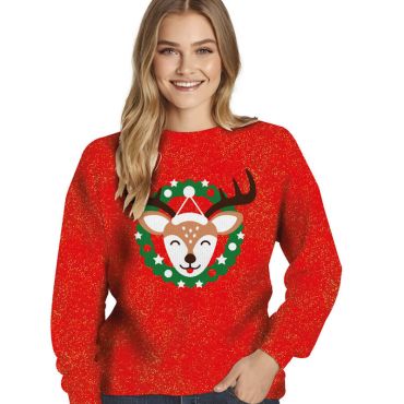 Pull de Noël femme rouge pailleté avec renne et couronne verte | jourdefete.com