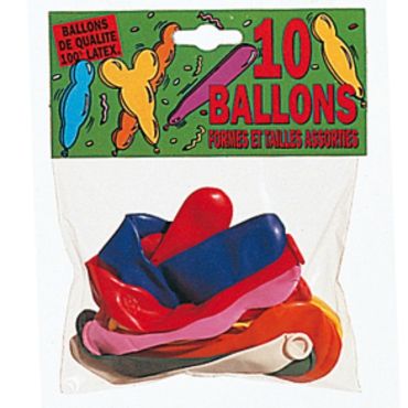 Sachet de 10 ballons de formes, tailles et couleurs assorties
