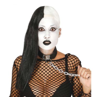 Perruque Cheveux Noir et Crâne Blanc