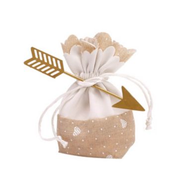 5 pochons ecru cœurs blanc - contenant dragees - a nouer| jourdefete.com