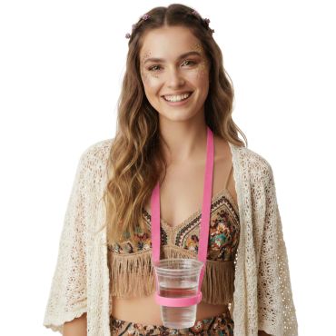 Porte-gobelet tour de cou rose porté lors d’une soirée festive | jourdefete.com