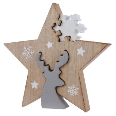 Décoration à poser Noël - Bois - Etoile avec Renne et Flocon Décoration à poser Noël - Bois - Etoile avec Renne et Flocon