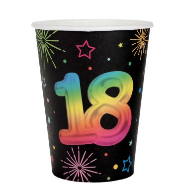 Gobelets anniversaire 18 ans Festicolor en carton avec motif arc-en-ciel et feu d'artifice | jourdefete.com