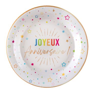 Assiettes en carton "Joyeux Anniversaire" blanches avec étoiles colorées et contours dorés | jourdefete.com