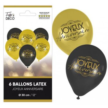 Ballons latex noir et or avec inscription « Joyeux Anniversaire » | jourdefete.com