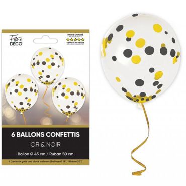Ballons transparents avec confettis dorés et noirs | jourdefete.com