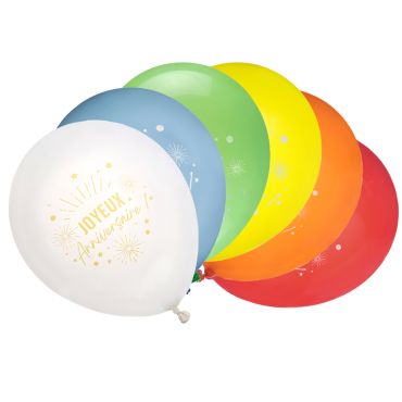 Lot de 6 ballons Joyeux Anniversaire blancs et colorés avec impression dorée | jourdefete.com