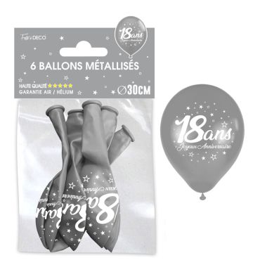 Ballons métallisés 18 ans argent, lot de 6 | jourdefete.com