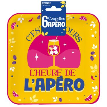 Coupelles carrées jaunes "L'heure de l'Apéro" avec verre de cocktail | jourdefete.com Coupelles carrées jaunes "L'heure de l'Apéro" avec verre de cocktail | jourdefete.com
