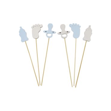 Piques décoratives bleues en bois pour fête de naissance "Biberon, Pied et Tétine" | jourdefete.com