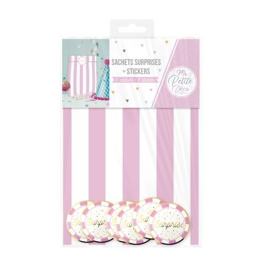 Sachets surprises rayés roses et blancs avec stickers "Surprise" pour fêtes et événements | jourdefete.com