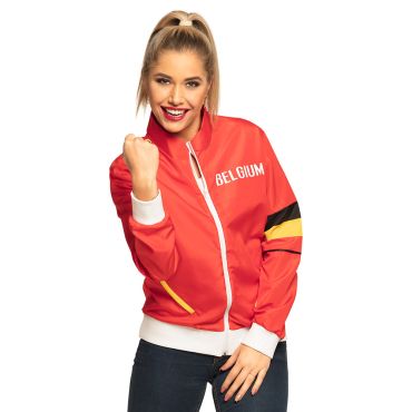 Jeune femme souriante portant la veste de survêtement rouge Belgique zippée pour fête et événement sportif | jourdefete.com