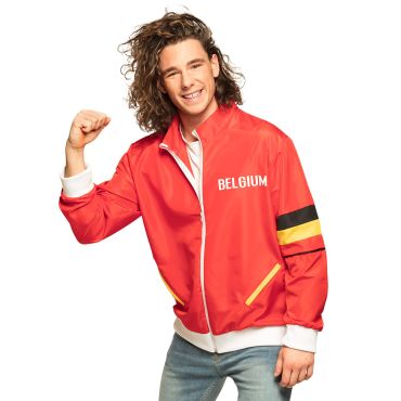 Veste de survêtement rouge Belgique pour homme avec bandes tricolores et inscription blanche pour supporter | jourdefete.com Veste de survêtement rouge Belgique pour homme avec bandes tricolores et inscription blanche pour supporter | jourdefete.com