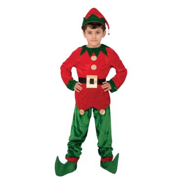 Costume de lutin enfant garçon pour Noël, déguisement rouge et vert avec bonnet et chaussures pointues | jourdefete.com