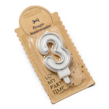 Bougie d'Anniversaire Chiffre 3 - Pailletée Argent