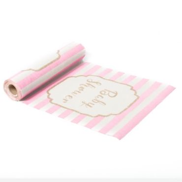 Chemin de Table Baby Shower en Lin Rayé - Rose, Blanc et Or