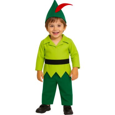 Bébé portant un déguisement d’archer vert avec tunique, pantalon et chapeau à plume rouge | jourdefete.com