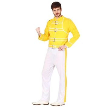 Déguisement pour homme inspiré de Freddie Mercury avec veste jaune et pantalon blanc, style rock iconique.
