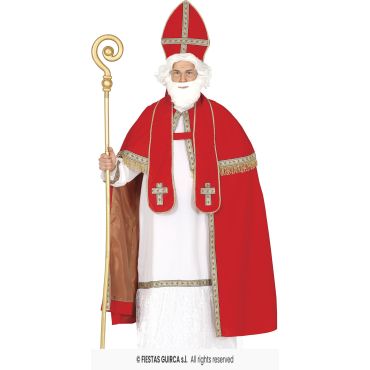 Un homme vieilli porte le déguisement de Saint Nicolas avec une cape rouge brodée, le chapeau, la tunique et l'écharpe. La crosse qu'il porte dans sa main droite est à ajouter en supplément | Jourdefete.com 