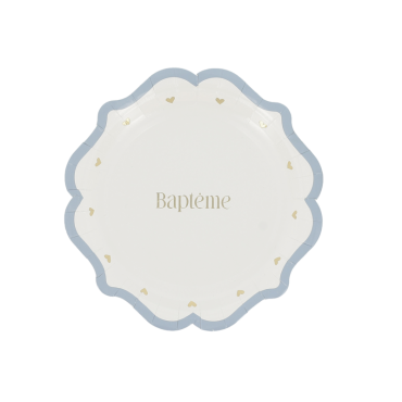 Assiettes en carton "Baptême" bleu orage, blanc et or avec cœurs dorés | jourdefete.com