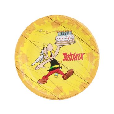 Assiettes Astérix 18 cm avec gâteau d’anniversaire sur fond jaune | jourdefete.com
