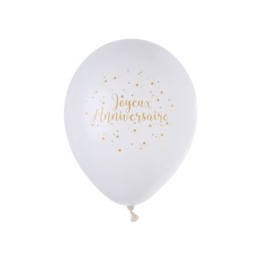 8 Ballons "Joyeux Anniversaire" - Blanc / Or