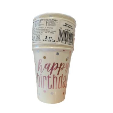 8 gobelets en carton recyclable happy birtday rose gold métallisé