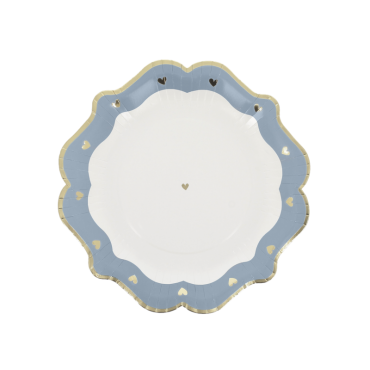Assiettes en carton bleu orage, blanc et or pour baptême | jourdefete.com