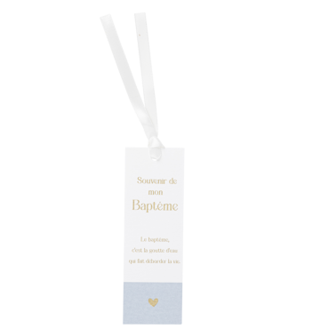 Marque-page de baptême bleu orage et blanc avec ruban | jourdefete.com