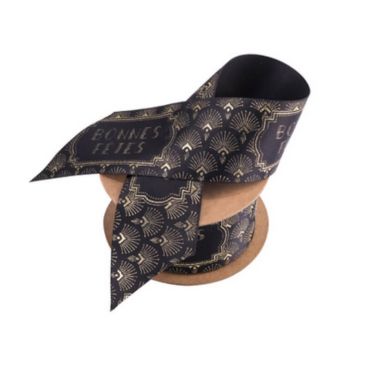 Ruban en Satin - Bonnes Fêtes - Collection Paon - Noir Floqué Or