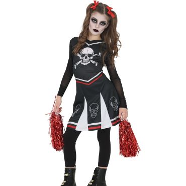 Fille portant un costume de pom-pom girl gothique noire et rouge avec maquillage d'Halloween et têtes de mort | jourdefete.com