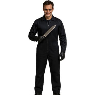 Homme souriant avec maquillage sombre portant une combinaison de travail noire pour Halloween | jourdefete.com
