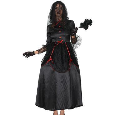 Déguisement Halloween de mariée noire pour femme avec robe gothique et voile en dentelle | jourdefete.com
