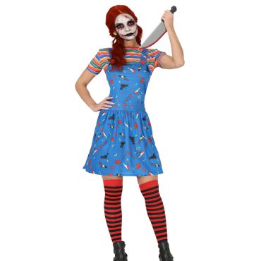 Femme portant un déguisement de poupée tueuse avec une robe bleue pour Halloween | jourdefete.com Femme portant un déguisement de poupée tueuse avec une robe bleue pour Halloween | jourdefete.com