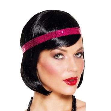 Perruque Charleston Femme Noire avec Bandeau Rose Perruque Charleston Femme Noire avec Bandeau Rose