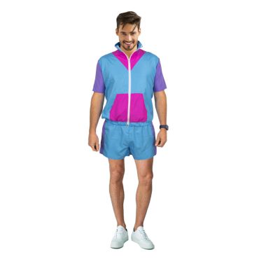 Homme portant un ensemble de sport rétro fluo bleu violet et rose avec short et veste | jourdefete.com