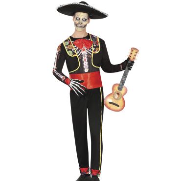 Homme portant un déguisement de mariachi squelette noir avec des motifs floraux colorés et une ceinture rouge pour la fête de Dia de los Muertos | jourdefete.com Homme portant un déguisement de mariachi squelette noir avec des motifs floraux colorés et une ceinture rouge pour la fête de Dia de los Muertos | jourdefete.com