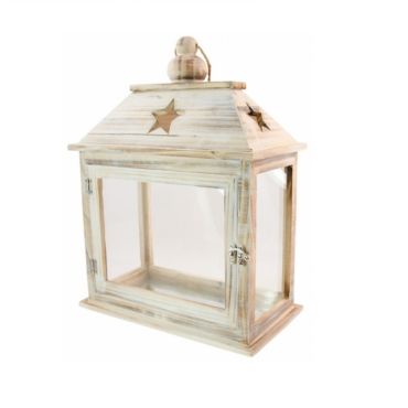 Grande Lanterne en Bois Brut et Verre Etoilée
