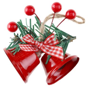 Décoration de Noël cloche rouge avec ruban vichy, baies et feuillage 7,5 x 12 cm | jourdefete.com