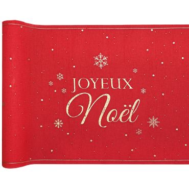 Chemin de table Joyeux Noël rouge et doré avec flocons de neige | jourdefete.com