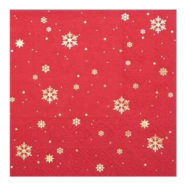 Serviettes de Noël rouges avec motifs flocons dorés 25x25 cm x10 | jourdefete.com