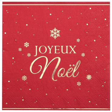 Serviettes en papier "Joyeux Noël" rouge et or avec flocons | jourdefete.com