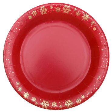 Assiettes pour Noël en carton rouge de la collection Flocon d'Or | jourdefete.com