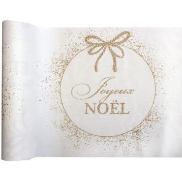 Chemin de table de Noël ivoire avec motif boule et inscription Joyeux Noël en paillettes dorées | jourdefete.com