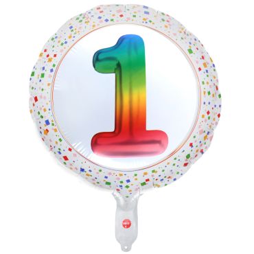 Ballon anniversaire chiffre arc-en-ciel aluminium Ø45 cm entouré de confettis | jourdefete.com