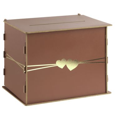 Tirelire en bois avec cœurs dorés coloris moka pour mariage et baptême | jourdefete.com