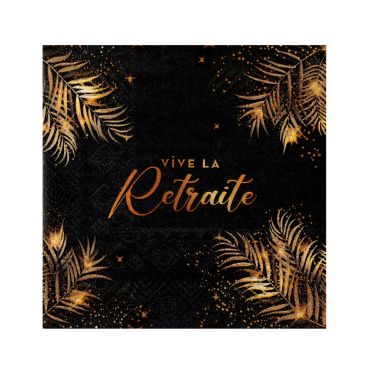 Serviettes cocktail Vive la Retraite or avec feuillages en noir pour fête de départ à la retraite | jourdefete.com