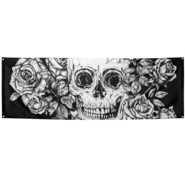 Bannière Monochrome - 220 x 74 cm - Crâne et Fleurs