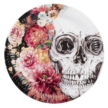 Sachet de 6 Assiettes en Carton - Crâne et Fleurs