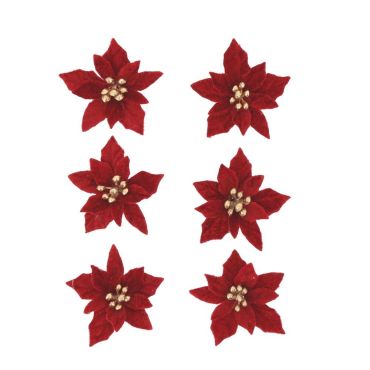 Lot de 6 fleurs poinsettias en velours rouge avec pistils dorés Ø 5,5 cm | jourdefete.com